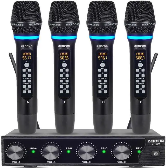 Main image of 4 Channel Rechargeable Wireless Microphone System, Pro UHF Metal Handheld Wireless Microphones Cordless Mics with Echo Treble BASS VOL Channel Control for Karaoke Singing Church(GT-200)