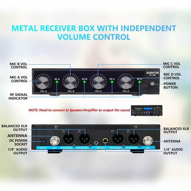 Alt view image 2 of 7 - 4 Channel Rechargeable Wireless Microphone System, Pro UHF Metal Handheld Wireless Microphones Cordless Mics with Echo Treble BASS VOL Channel Control for Karaoke Singing Church(GT-200)