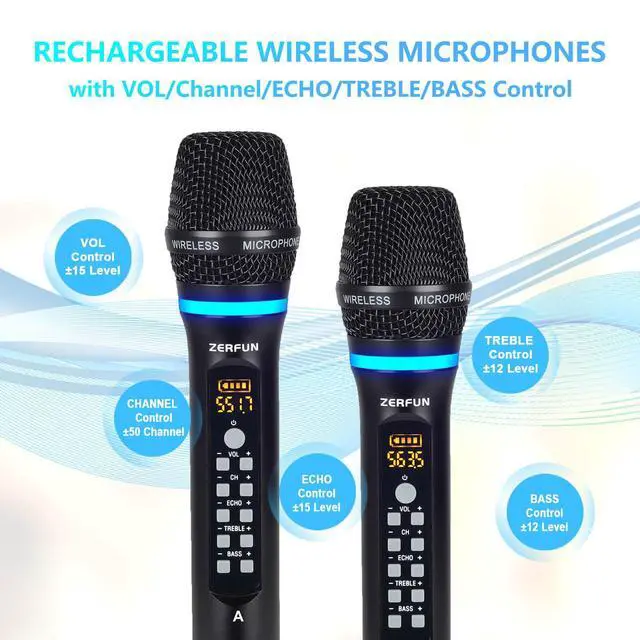 Alt view image 4 of 7 - 4 Channel Rechargeable Wireless Microphone System, Pro UHF Metal Handheld Wireless Microphones Cordless Mics with Echo Treble BASS VOL Channel Control for Karaoke Singing Church(GT-200)