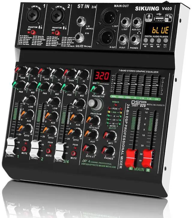 Main image of 4 channel professional portable mixer, 320 DSP effects + 48V phantom power, Bluetooth sound card + 7-Band Eq Output, for PC recording, karaoke studio effects, and streaming playback