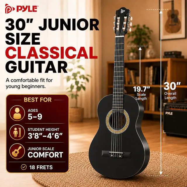 Alt view image 3 of 6 - 30-Inch Beginner Acoustic Guitar Kit, 1/4 Size Junior Classical Nylon String Guitar for Kids and Adults, Includes Gig Bag, Strap, Spare Strings, Picks, Cleaning Cloth, 18 Frets, Black, Matte