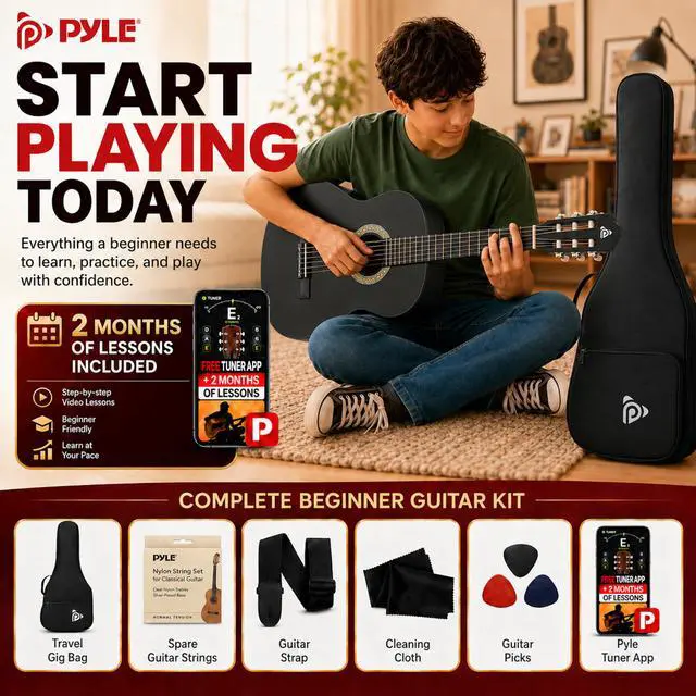 Alt view image 2 of 6 - 30-Inch Beginner Acoustic Guitar Kit, 1/4 Size Junior Classical Nylon String Guitar for Kids and Adults, Includes Gig Bag, Strap, Spare Strings, Picks, Cleaning Cloth, 18 Frets, Black, Matte