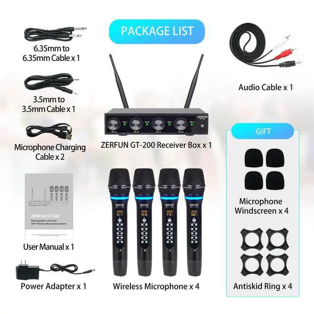 Alt view image 7 of 7 - 4 Channel Rechargeable Wireless Microphone System, Pro UHF Metal Handheld Wireless Microphones Cordless Mics with Echo Treble BASS VOL Channel Control for Karaoke Singing Church(GT-200)