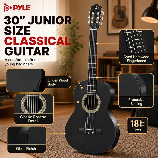 Alt view image 5 of 6 - 30-Inch Beginner Acoustic Guitar Kit, 1/4 Size Junior Classical Nylon String Guitar for Kids and Adults, Includes Gig Bag, Strap, Spare Strings, Picks, Cleaning Cloth, 18 Frets, Black, Matte