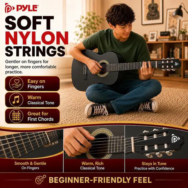 Alt view image 4 of 6 - 30-Inch Beginner Acoustic Guitar Kit, 1/4 Size Junior Classical Nylon String Guitar for Kids and Adults, Includes Gig Bag, Strap, Spare Strings, Picks, Cleaning Cloth, 18 Frets, Black, Matte