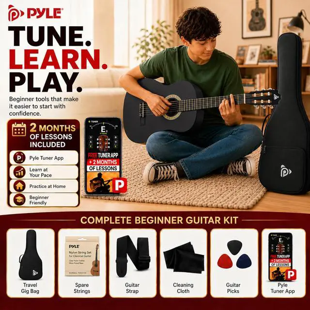 Alt view image 6 of 6 - 30-Inch Beginner Acoustic Guitar Kit, 1/4 Size Junior Classical Nylon String Guitar for Kids and Adults, Includes Gig Bag, Strap, Spare Strings, Picks, Cleaning Cloth, 18 Frets, Black, Matte