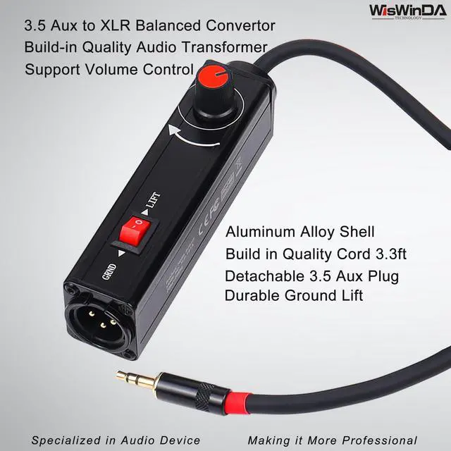 Alt view image 2 of 7 - Pro101A AUX to XLR Isolation Box with Volume Controller and Ground Lift Switch Build-in Cord Length 3.3ft with Detachable 3.5mm Aux Gold Coating Plug (Pro 101A Aux-XLR)