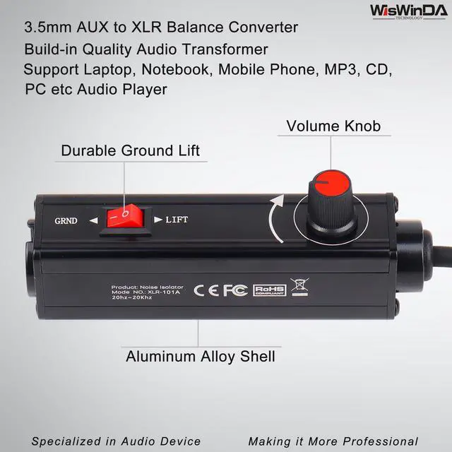 Alt view image 3 of 7 - Pro101A AUX to XLR Isolation Box with Volume Controller and Ground Lift Switch Build-in Cord Length 3.3ft with Detachable 3.5mm Aux Gold Coating Plug (Pro 101A Aux-XLR)