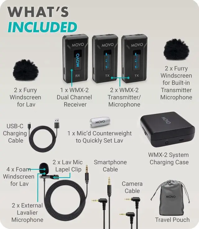 Alt view image 7 of 7 - WMX-2-DUO Wireless Camera Microphone Lapel Mic with Charging Case - Lav Mic, Wireless Lapel Microphone 2.4GHz Lavalier, Lav Mic for Vlogging, DSLR, Computer