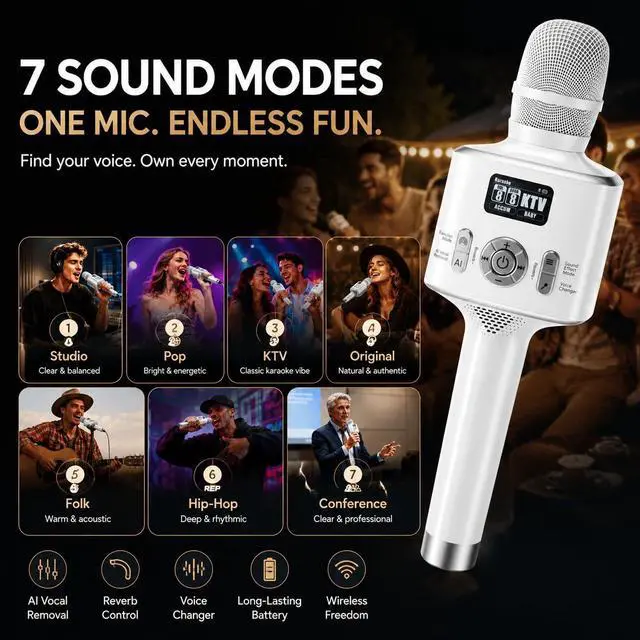 Alt view image 2 of 7 - H100 Karaoke Microphone with Screen, Karaoke Mic with Ai Vocal Remover & Voice Changer, Echo Adjustment & Auto Pitch Correction,50W Speaker,TWS,Built-in Recording,for Car,Home,Party