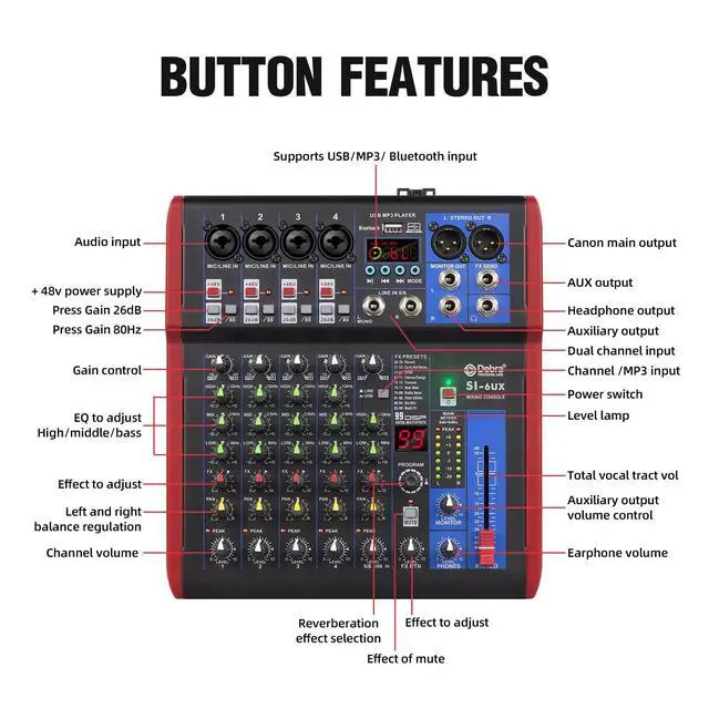 Alt view image 3 of 7 - SI Series Professional Portable Recording Mixer Audio with 99 DSP Digital Effects Mic Preamps and USB for DJ Mixer Console Karaoke Home Recording Studio (SI-6UX)