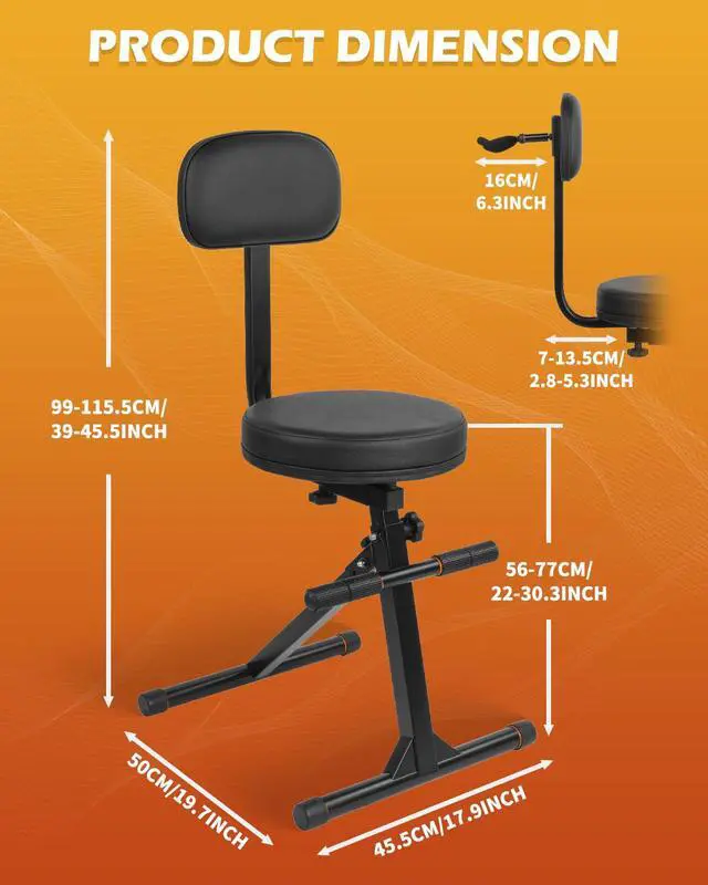 Alt view image 2 of 7 - Guitar Stool With Backrest, Height Adjustable Seat With Hanger for Acoustic, Electric & Bass Guitars, Musician Drum Throne for Adults, Drummer, and Guitarist, SGT-30B