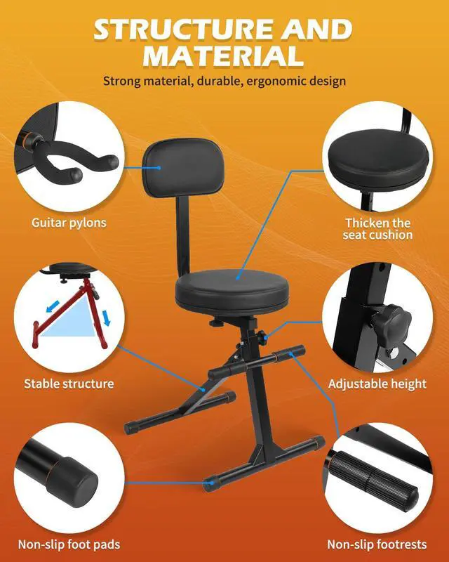 Alt view image 4 of 7 - Guitar Stool With Backrest, Height Adjustable Seat With Hanger for Acoustic, Electric & Bass Guitars, Musician Drum Throne for Adults, Drummer, and Guitarist, SGT-30B