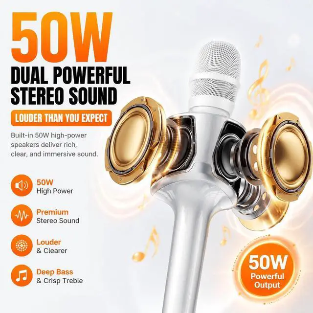 Alt view image 6 of 7 - H100 Karaoke Microphone with Screen, Karaoke Mic with Ai Vocal Remover & Voice Changer, Echo Adjustment & Auto Pitch Correction,50W Speaker,TWS,Built-in Recording,for Car,Home,Party