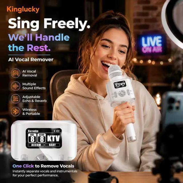 Alt view image 7 of 7 - H100 Karaoke Microphone with Screen, Karaoke Mic with Ai Vocal Remover & Voice Changer, Echo Adjustment & Auto Pitch Correction,50W Speaker,TWS,Built-in Recording,for Car,Home,Party