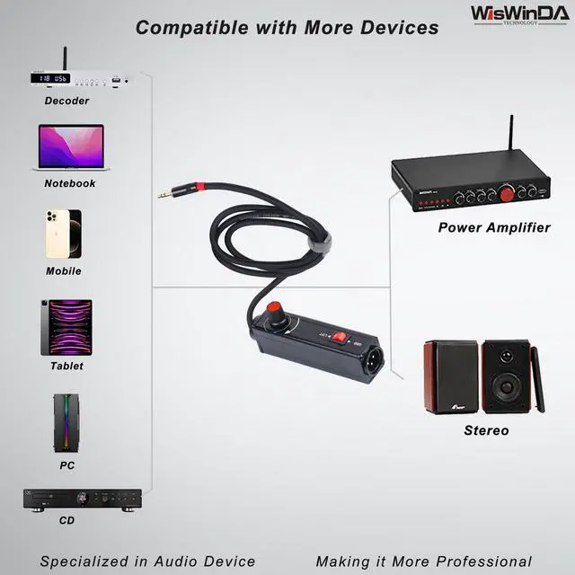 Alt view image 7 of 7 - Pro101A AUX to XLR Isolation Box with Volume Controller and Ground Lift Switch Build-in Cord Length 3.3ft with Detachable 3.5mm Aux Gold Coating Plug (Pro 101A Aux-XLR)