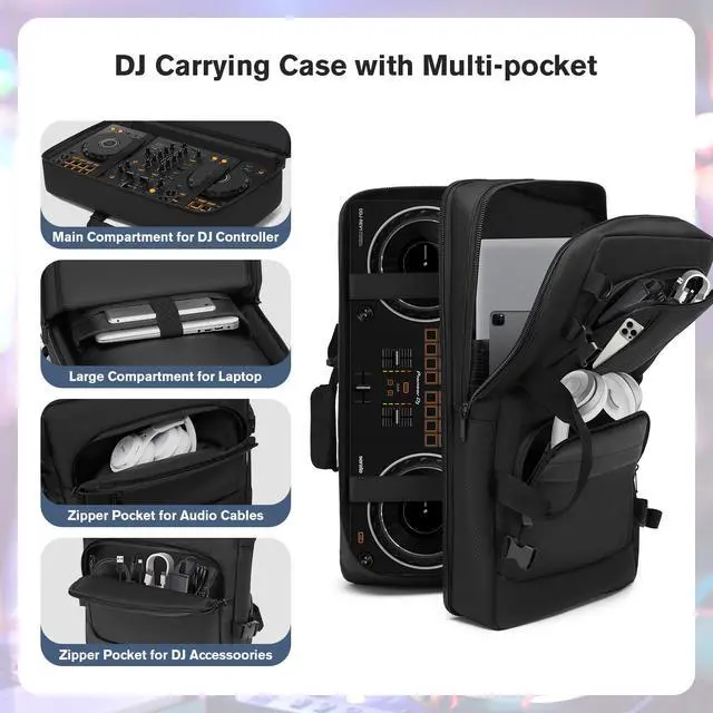 Alt view image 3 of 7 - DJ Controller Case Compatible with Pioneer DDJ-FLX4/DDJ-400/DDJ-REV1 - Thick Padded DJ Backpack with Multi-Pocket for Accessories, Adjustable Strap, 22×13×4.5in