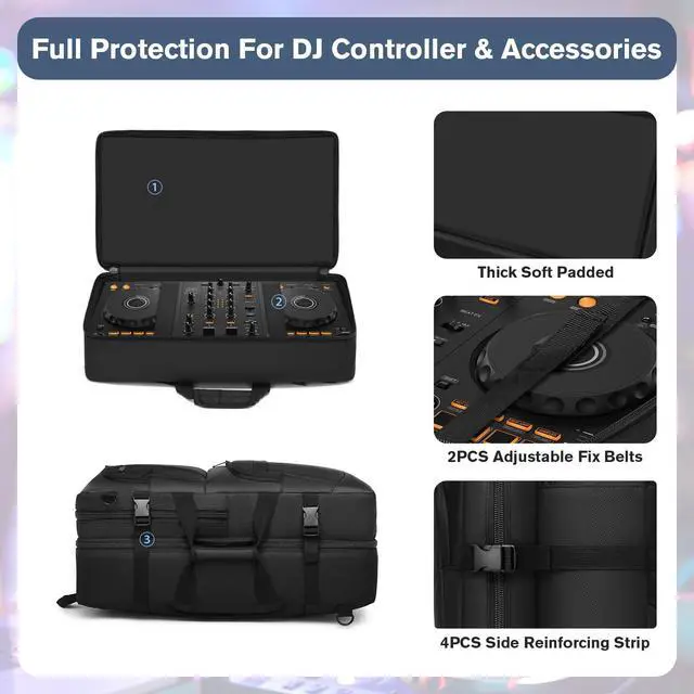 Alt view image 4 of 7 - DJ Controller Case Compatible with Pioneer DDJ-FLX4/DDJ-400/DDJ-REV1 - Thick Padded DJ Backpack with Multi-Pocket for Accessories, Adjustable Strap, 22×13×4.5in