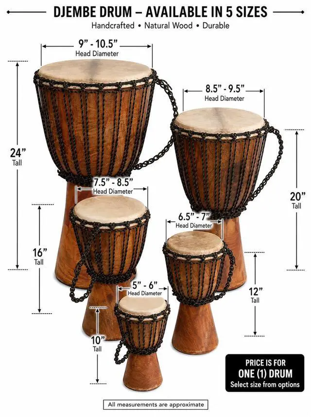 Alt view image 2 of 7 - Djembe Handmade Drum 16" Tall 7.5-8.5" Head Mahogany Wood Goat Skin | Handmade drum with natural materials; warm, resonant sound for beginners, performers, and percussion practice