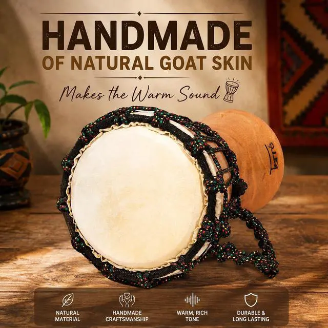 Alt view image 6 of 7 - Djembe Handmade Drum 16" Tall 7.5-8.5" Head Mahogany Wood Goat Skin | Handmade drum with natural materials; warm, resonant sound for beginners, performers, and percussion practice