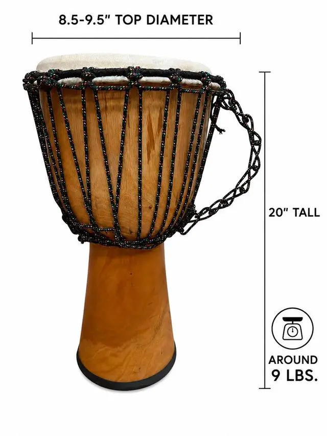 Alt view image 2 of 7 - Djembe Beginner Drum 20" Tall 8.5-9.5" Head Mahogany Wood Goat Skin | Handmade drum with natural materials; warm, resonant sound for beginners, performers, and percussion practice