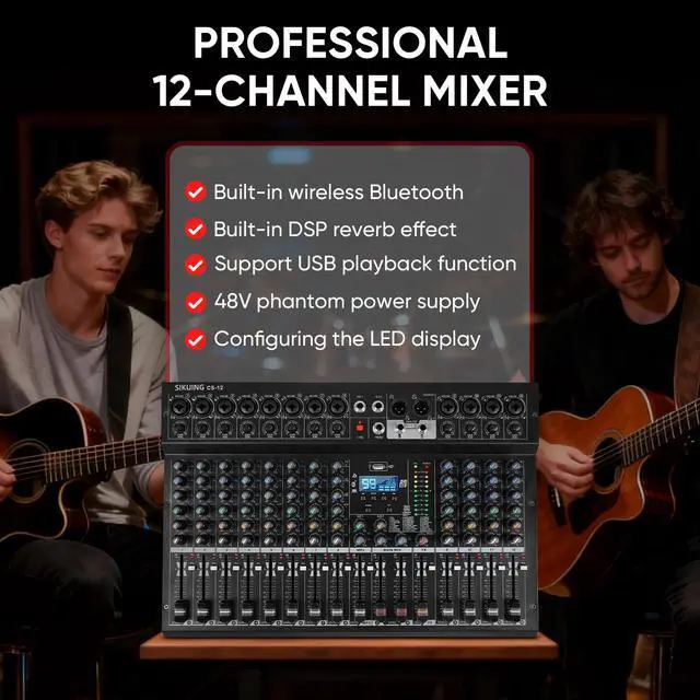 Alt view image 2 of 7 - 12 Channel Mixer, Professional Audio Mixing Console Studio DJ Board with Bluetooth, 99 DSP Effect,USB Recording, 48V Phantom Power, Reverb, MP3 Player for Live Sound Karaoke Performance