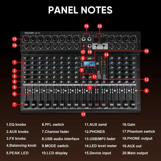 Alt view image 3 of 7 - 12 Channel Mixer, Professional Audio Mixing Console Studio DJ Board with Bluetooth, 99 DSP Effect,USB Recording, 48V Phantom Power, Reverb, MP3 Player for Live Sound Karaoke Performance