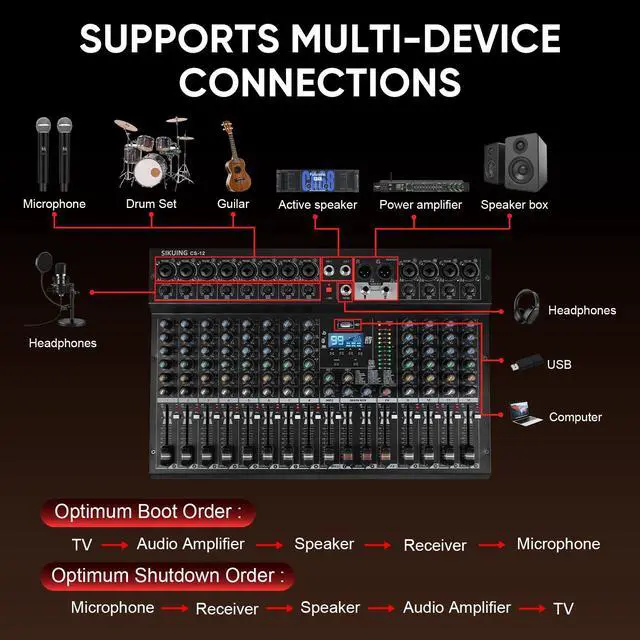 Alt view image 4 of 7 - 12 Channel Mixer, Professional Audio Mixing Console Studio DJ Board with Bluetooth, 99 DSP Effect,USB Recording, 48V Phantom Power, Reverb, MP3 Player for Live Sound Karaoke Performance