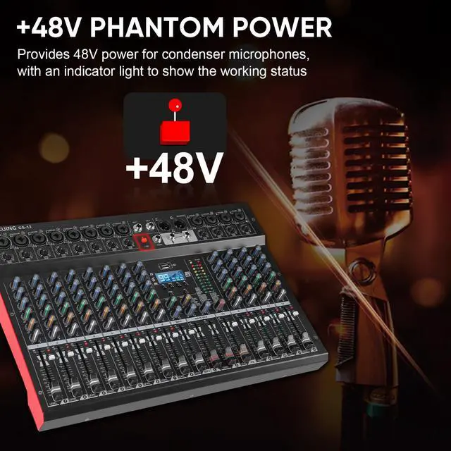 Alt view image 7 of 7 - 12 Channel Mixer, Professional Audio Mixing Console Studio DJ Board with Bluetooth, 99 DSP Effect,USB Recording, 48V Phantom Power, Reverb, MP3 Player for Live Sound Karaoke Performance
