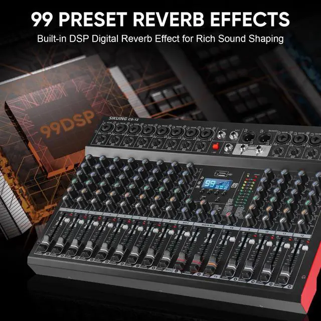 Alt view image 5 of 7 - 12 Channel Mixer, Professional Audio Mixing Console Studio DJ Board with Bluetooth, 99 DSP Effect,USB Recording, 48V Phantom Power, Reverb, MP3 Player for Live Sound Karaoke Performance