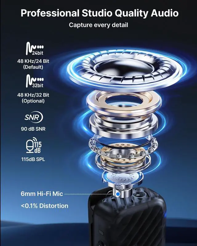 Alt view image 3 of 7 - MIC 2 Wireless Microphones for iPhone 15-16/Android/PC/Camera, AI Noise Cancellation, 32-bit Float Internal Recording, AMOLED Touchscreen, 984ft 54h Battery with Charging Case(with Clip Mic)