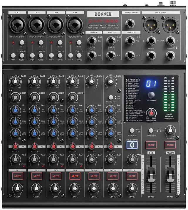 Main image of DAM1000 10-Channel Analog DJ Audio Mixer Sound Board, with 4 Premium LAXY-PRE Microphone, 48V Phantom Power Preamps, BT 5.3, 48kHz 24Bit Sample Rate