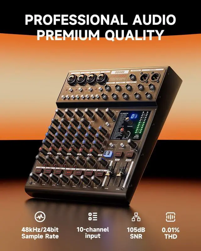 Alt view image 2 of 6 - DAM1000 10-Channel Analog DJ Audio Mixer Sound Board, with 4 Premium LAXY-PRE Microphone, 48V Phantom Power Preamps, BT 5.3, 48kHz 24Bit Sample Rate