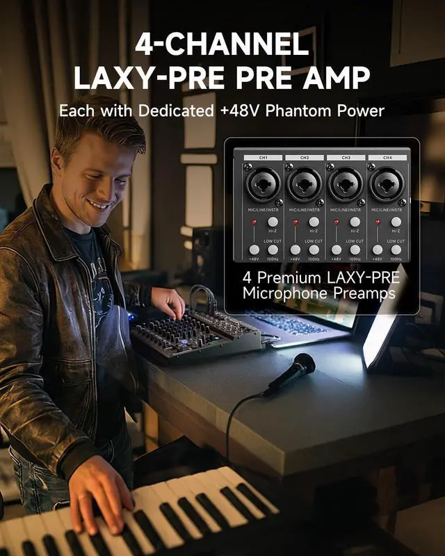 Alt view image 3 of 6 - DAM1000 10-Channel Analog DJ Audio Mixer Sound Board, with 4 Premium LAXY-PRE Microphone, 48V Phantom Power Preamps, BT 5.3, 48kHz 24Bit Sample Rate