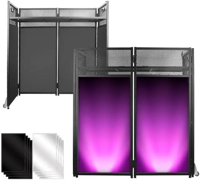 Main image of Portable DJ Booth Table 43"H with Metal Frame, Foldable Facade Stand with Wheels | Foldable Design With Wheels And Carry Handles, Stable Metal Structure, Dual Scrims For Events, Parties