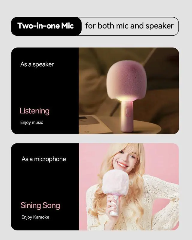 Alt view image 3 of 7 - Bluetooth Karaoke Microphone, Portable Handheld Microphone for iPhone, Karaoke Microfono with Dynamic Lights for Car, Home Party, Music Record, Duet Singing Mic for Kids Adults (Pink)