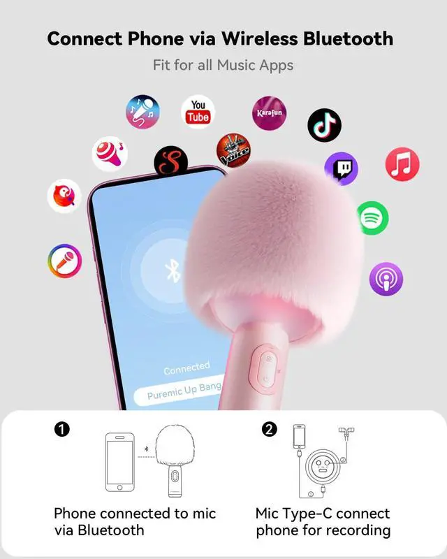Alt view image 4 of 7 - Bluetooth Karaoke Microphone, Portable Handheld Microphone for iPhone, Karaoke Microfono with Dynamic Lights for Car, Home Party, Music Record, Duet Singing Mic for Kids Adults (Pink)