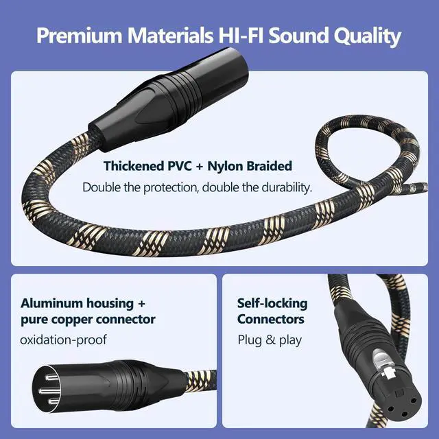 Alt view image 3 of 7 - Braided XLR Cables 100ft 2 Pack, XLR Microphone Cable, 3-pin Professional Male to Female Balanced Mic Cable, X LR Speaker Cable for Microphone Mixer Black