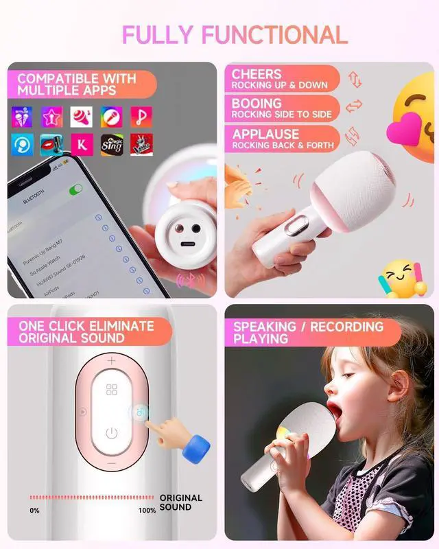Alt view image 7 of 7 - Wireless Bluetooth karaoke Microphone, 5-in-1 Portable Handheld Microphone for iPhone, Karaoke Microfono with Dynamic Lights for Car / Home Party, Music Record, Duet Singing Mic for Kids Adults-White