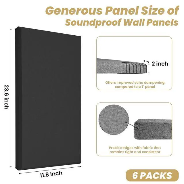 Alt view image 4 of 7 - 6PCS Fiberglass Acoustic Panels, Black, 23.6"x11.8"x2" Thick | Self-Adhesive, Sound Proof for Walls, Sound Absorbing, Recording Studio Acoustical Treatments