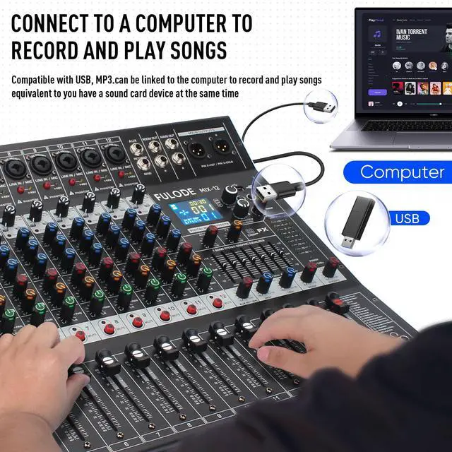 Alt view image 3 of 7 - 12-Channel Bluetooth Studio Audio Mixer 99 Bit DSP Digital Processor w/USB MP3 for PC Recording Input, XLR Microphone Jack, 48V Power, For Professional and Beginners DJ Mixer