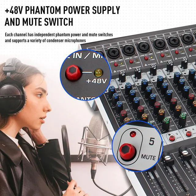 Alt view image 5 of 7 - 12-Channel Bluetooth Studio Audio Mixer 99 Bit DSP Digital Processor w/USB MP3 for PC Recording Input, XLR Microphone Jack, 48V Power, For Professional and Beginners DJ Mixer