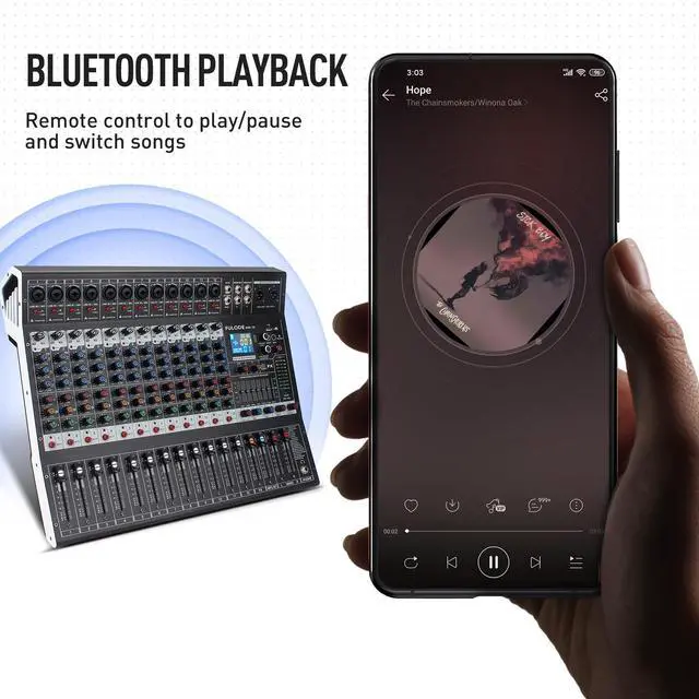 Alt view image 7 of 7 - 12-Channel Bluetooth Studio Audio Mixer 99 Bit DSP Digital Processor w/USB MP3 for PC Recording Input, XLR Microphone Jack, 48V Power, For Professional and Beginners DJ Mixer