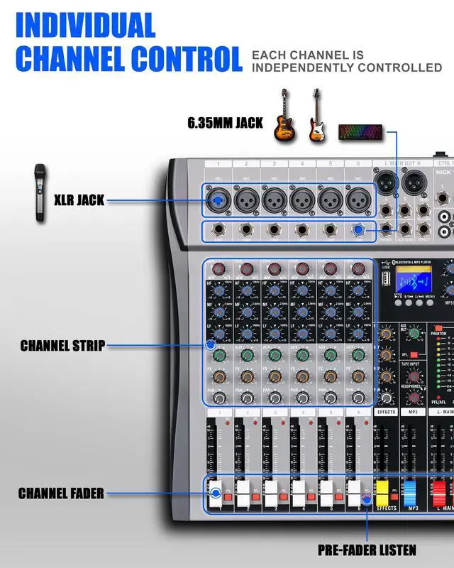 Alt view image 2 of 7 - 8 Channel mixer professional Audio Mixer, dj mixer with Individual Channel Control and USB Audio Recording & Editing via Computer, All-Metal mezcladora para dj (6 Channel)
