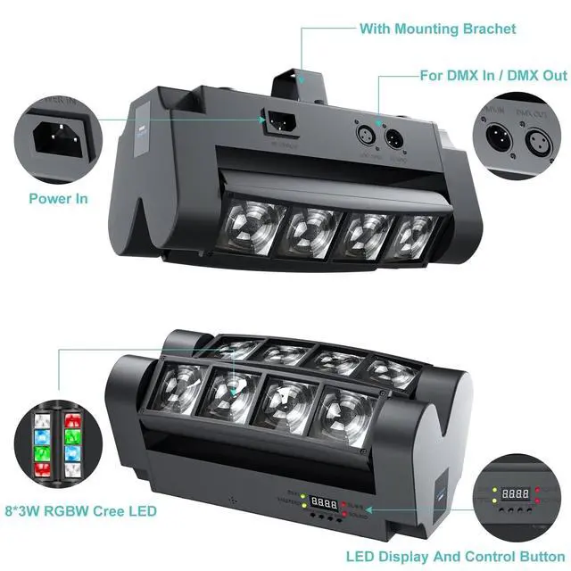 Alt view image 3 of 7 - 8x3W Spider Moving Head DJ Light,RGBW Stage Disco Light-1 Pack | 8x3W RGBW LEDs, DMX512/Auto/Sound/Master-Slave, Mini Moving Head Light For Party, Club, Wedding Event, Festival, Disco