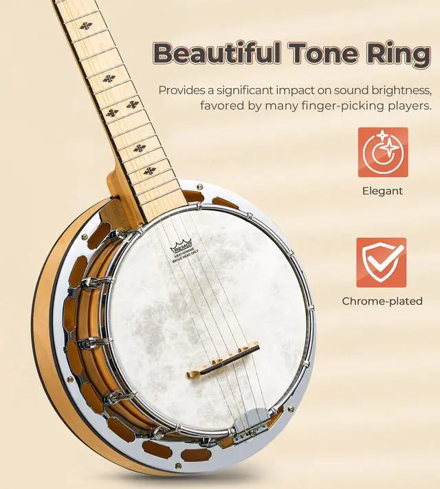 Alt view image 3 of 7 - Mini 5 String Banjo 28 Inch - Travel Maple Small Beginner Kit With Tone Ring, Fiberskyn Remo Head for Kids Teens Adults