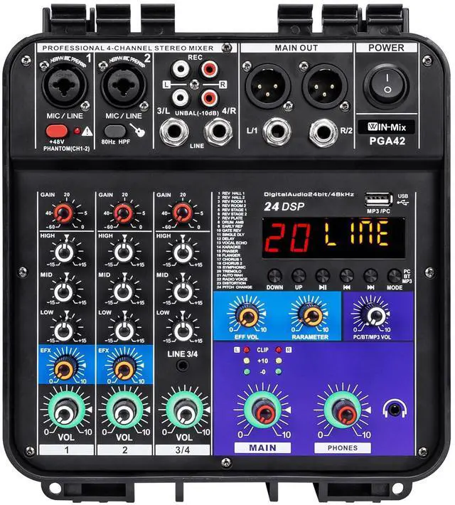 Main image of 150W x2 Powered Mixer with 4 Channels, Bluetooth, USB/MP3 Playback & 48V Phantom Power for Karaoke, DJ, Home Studio & Live Sound