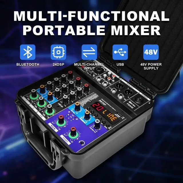 Alt view image 2 of 7 - 150W x2 Powered Mixer with 4 Channels, Bluetooth, USB/MP3 Playback & 48V Phantom Power for Karaoke, DJ, Home Studio & Live Sound