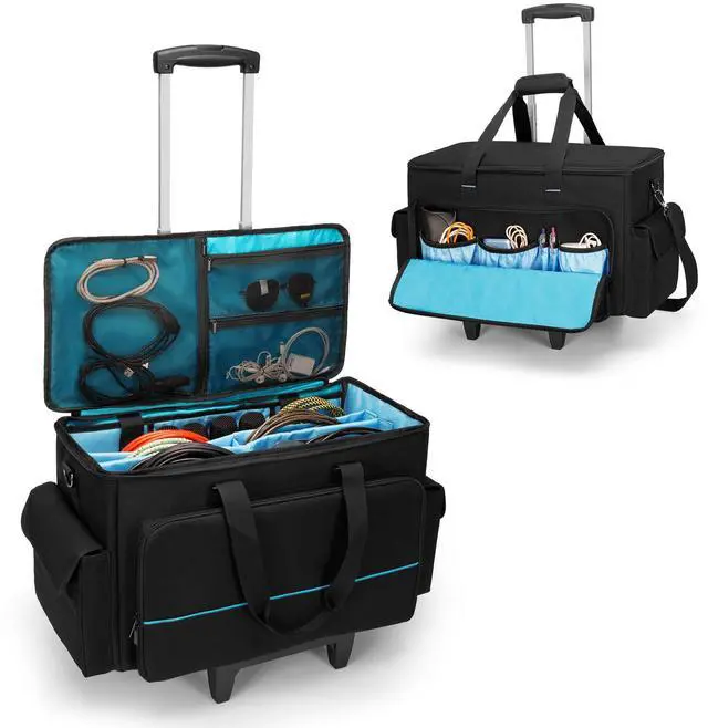 Main image of Large Rolling DJ Cable Bag with Detachable Trolley & Divider | Padded Gig Bag, Music Gear Case with Multi Pockets for 15.6" Laptop, DJ Gear, Musical Instrument, Sound Equipment Storage