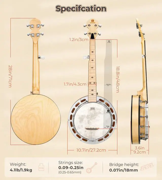 Alt view image 6 of 7 - Mini 5 String Banjo 28 Inch - Travel Maple Small Beginner Kit With Tone Ring, Fiberskyn Remo Head for Kids Teens Adults